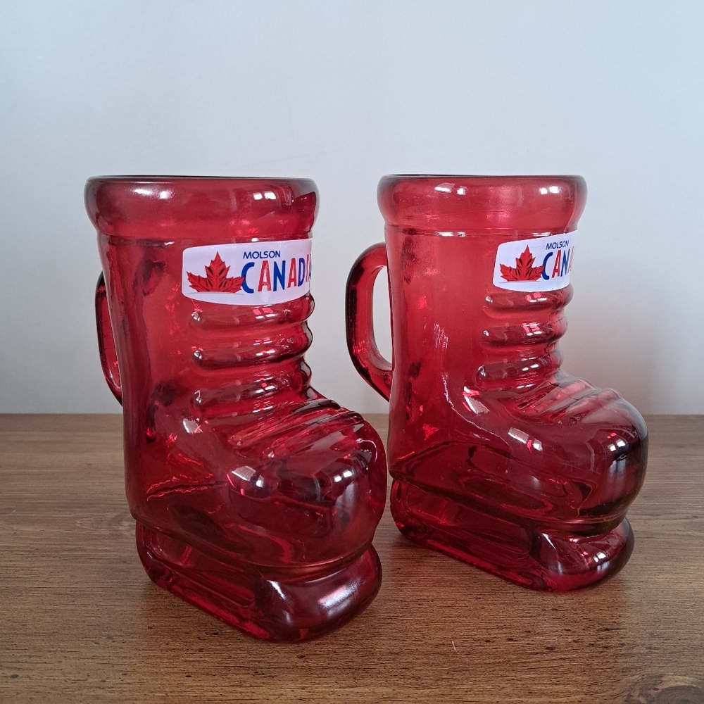 Set Of Molson Canadian Red Glass Skate Boot Beer Mug Heavy 7.5" Brew Collectible